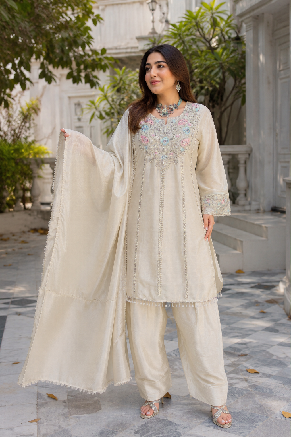 Ivory Chinon Handwork Farshi Salwar Set