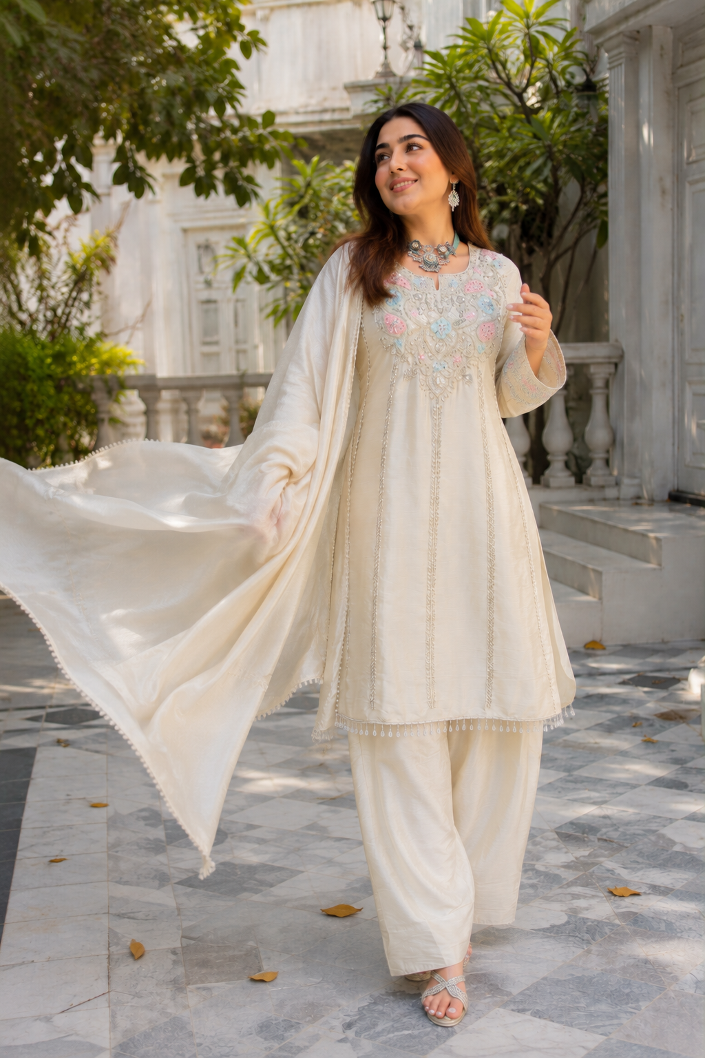 Ivory Chinon Handwork Farshi Salwar Set