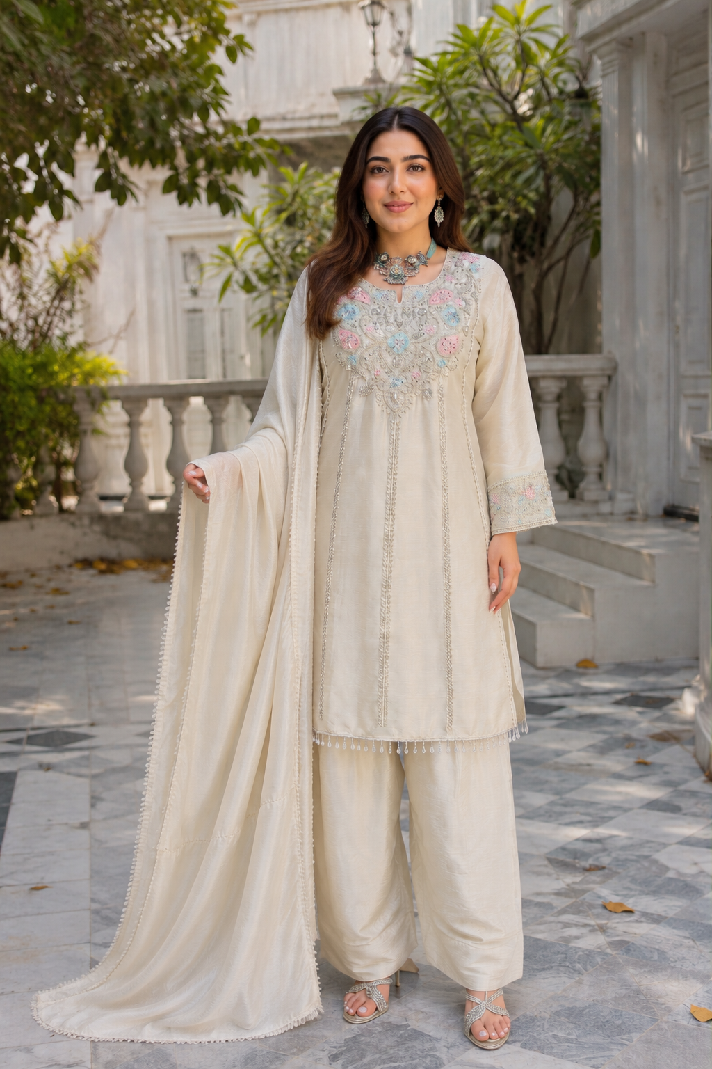 Ivory Chinon Handwork Farshi Salwar Set