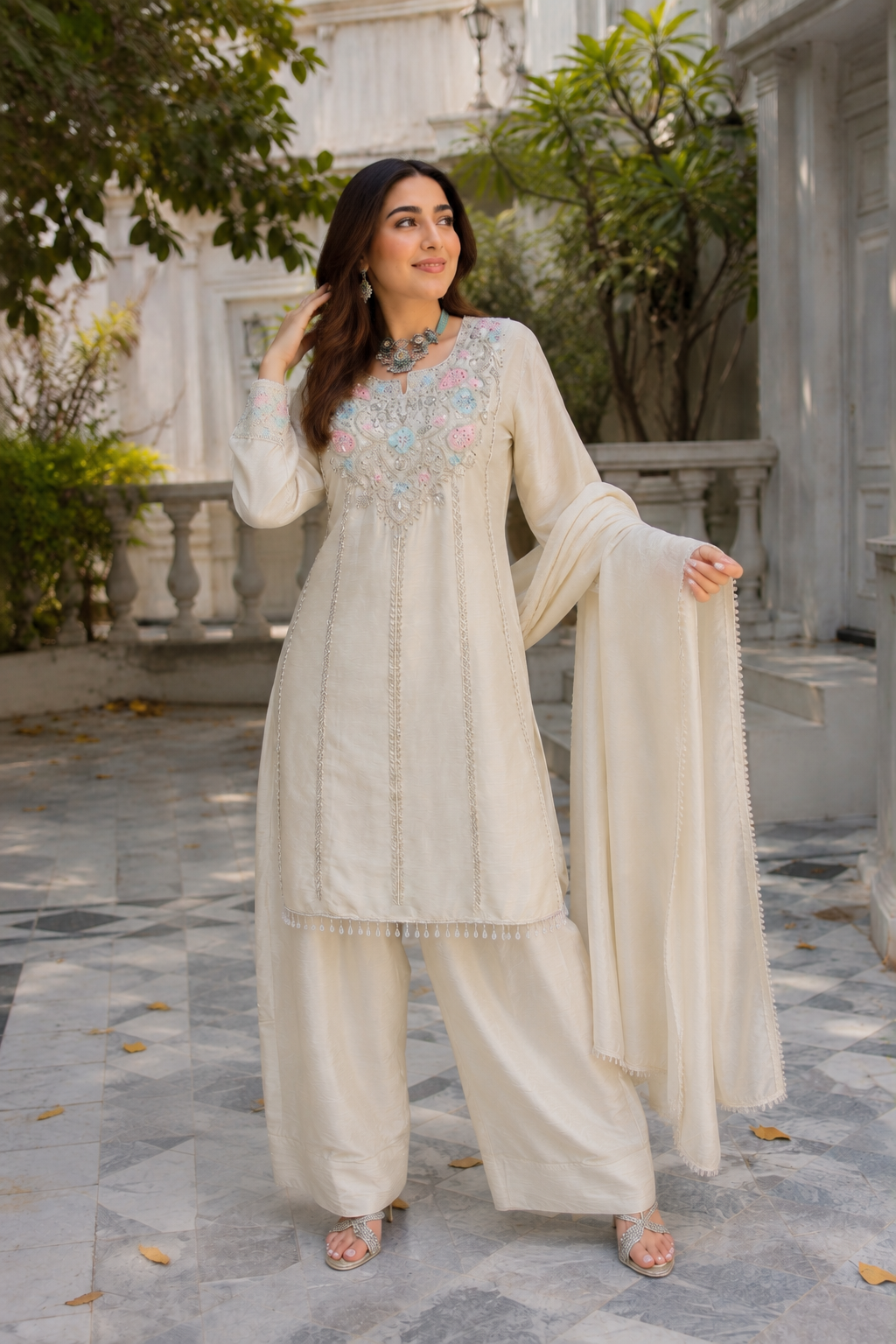 Ivory Chinon Handwork Farshi Salwar Set