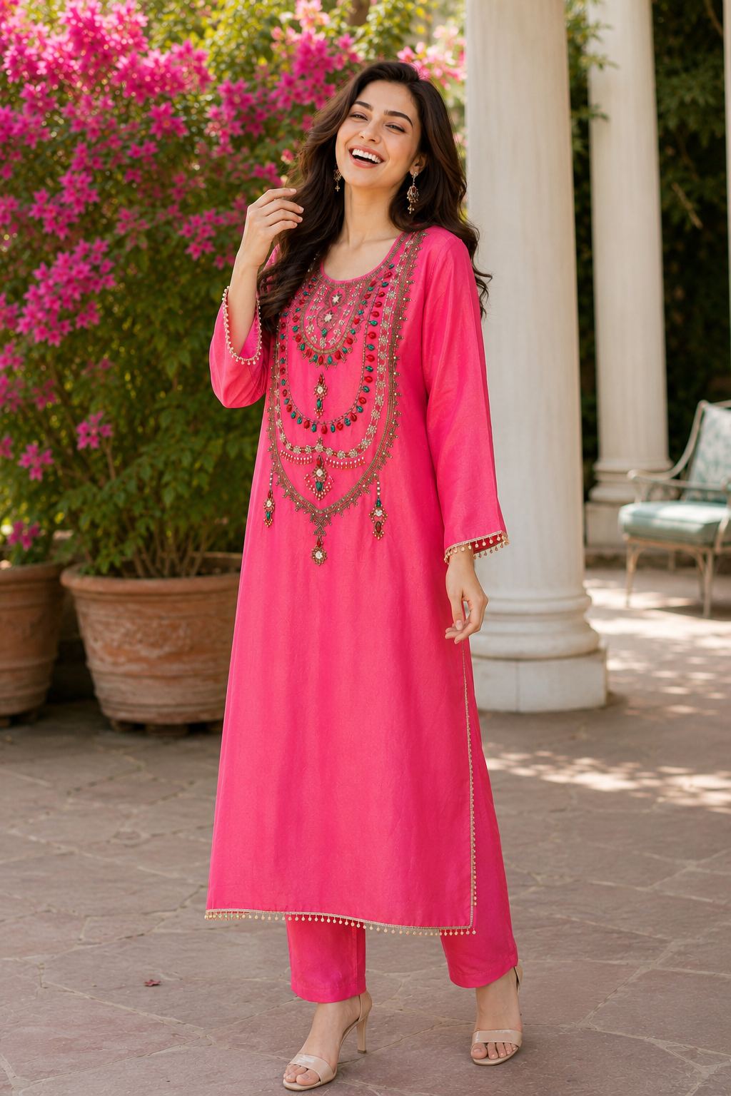 Hot Pink Tissue Handwork Kurta Pant Set