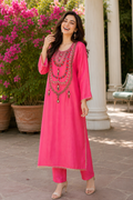Hot Pink Tissue Handwork Kurta Pant Set