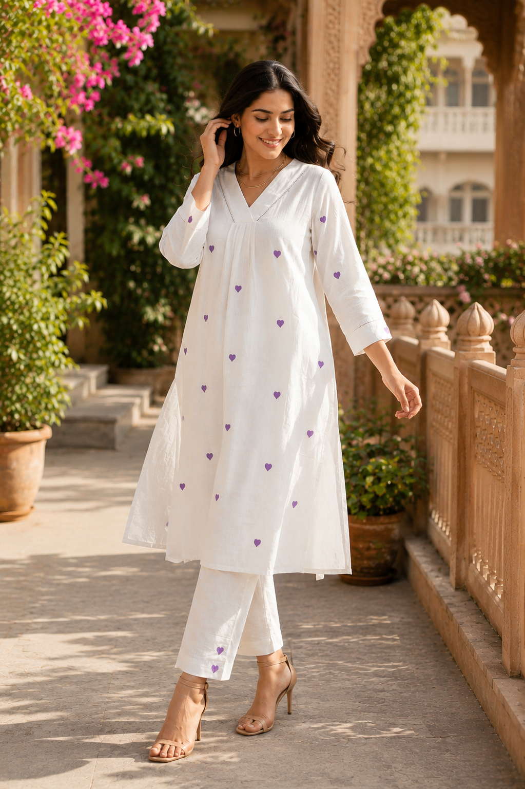 Lavender Heart Mul Kota Doriya Kurta Set