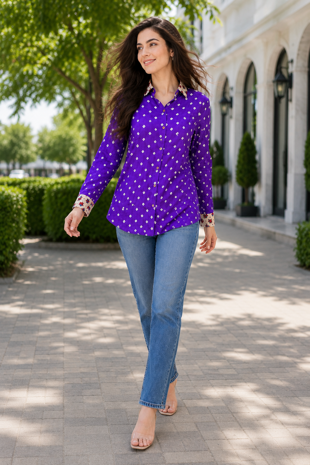Purple White Modal Silk Bandhani Ajrakh Fusion Shirt