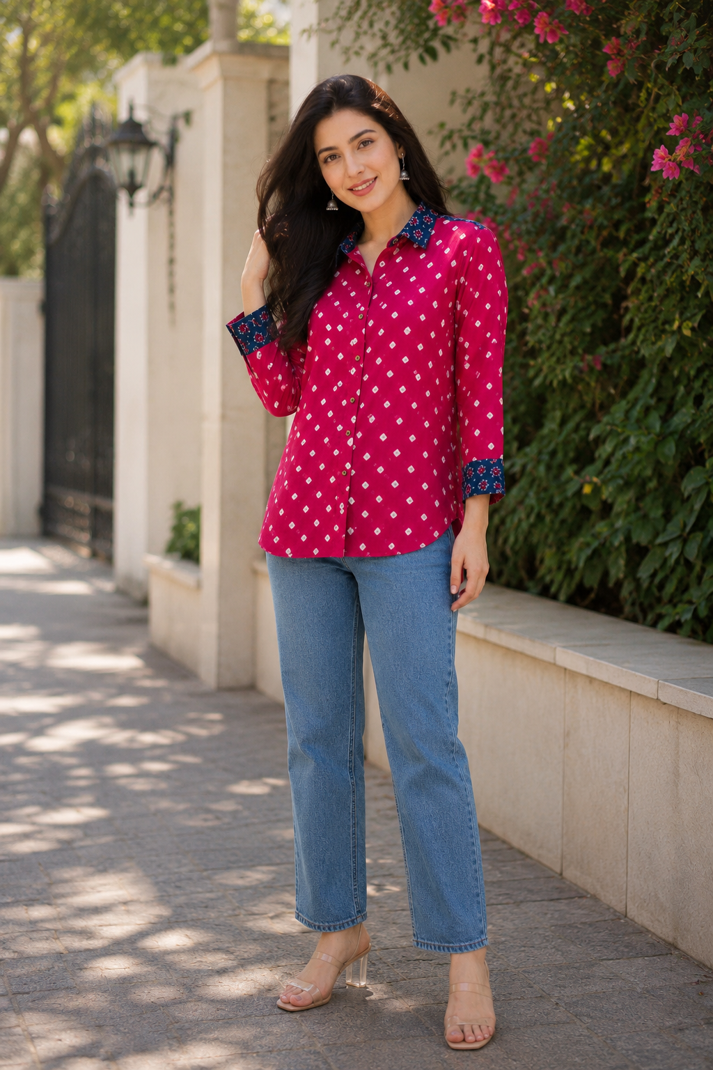 Hot Pink & Indigo Modal Silk Bandhej Ajrakh Fusion Shirt