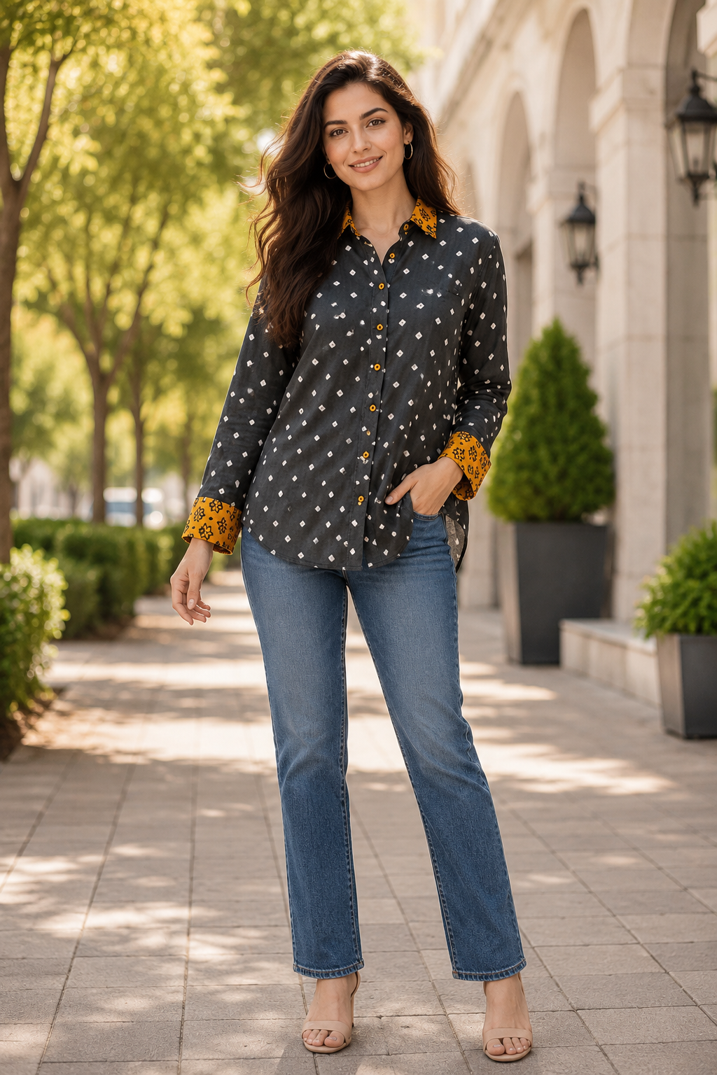 Grey & Mustard Modal Silk Bandhej Ajrakh Fusion Shirt