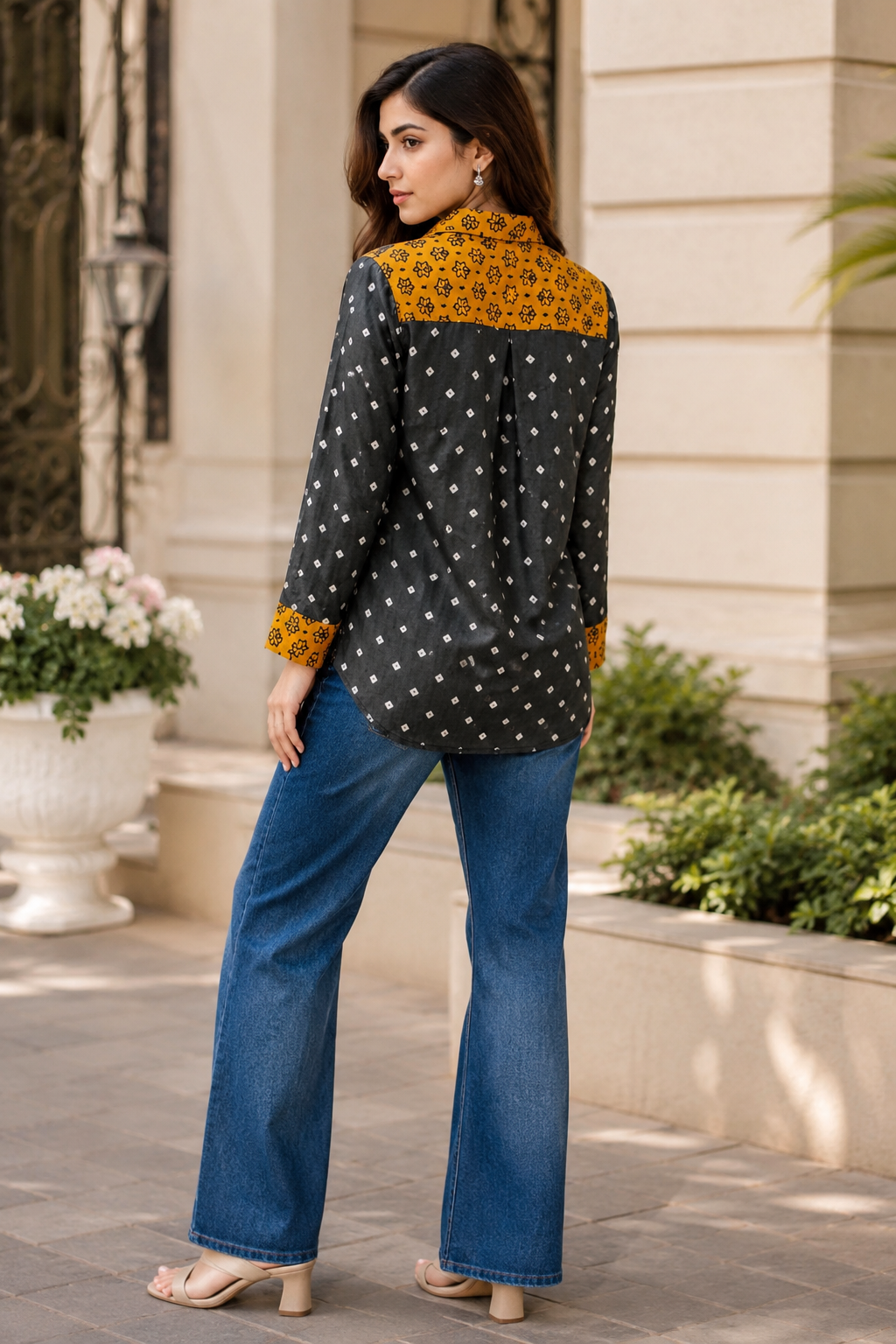 Grey & Mustard Modal Silk Bandhej Ajrakh Fusion Shirt