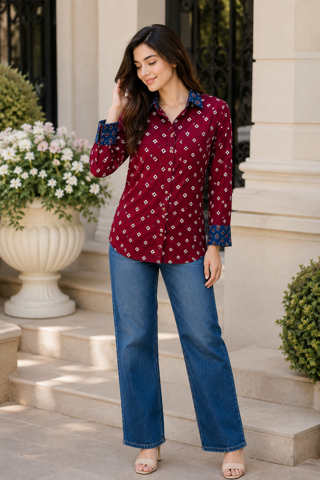 Maroon & Indigo Modal Silk Bandhej Ajrakh Fusion Shirt