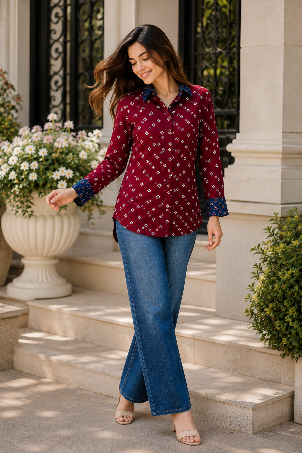 Maroon & Indigo Modal Silk Bandhej Ajrakh Fusion Shirt