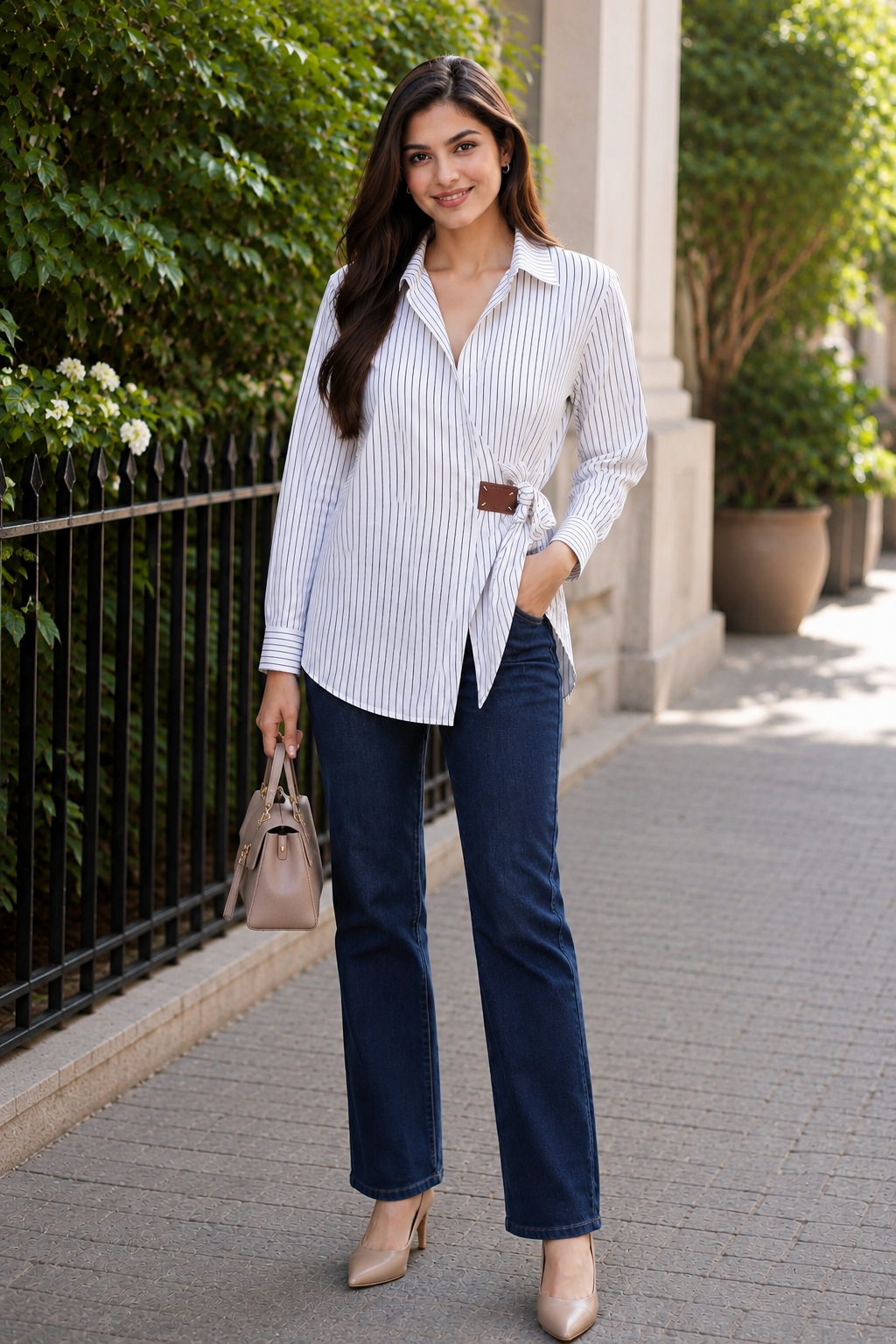 Pinstripe Tie-Up Cotton Shirt