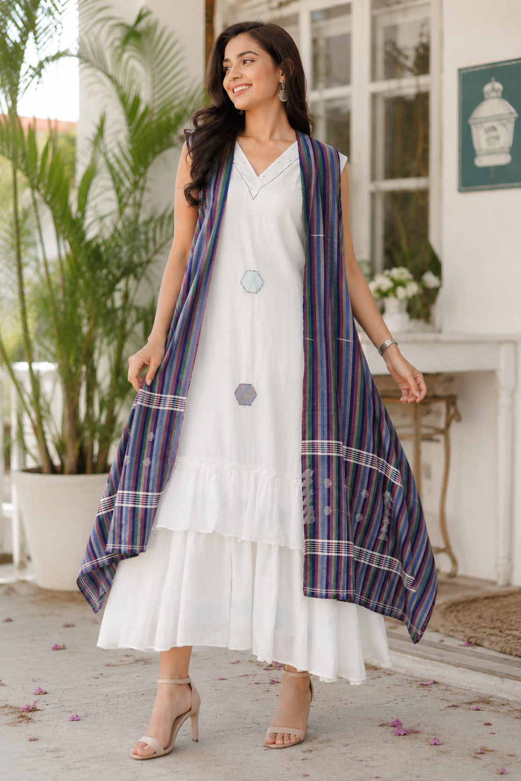 Ivory Mul Dress with Handloom Cotton Linen Weave Shrug