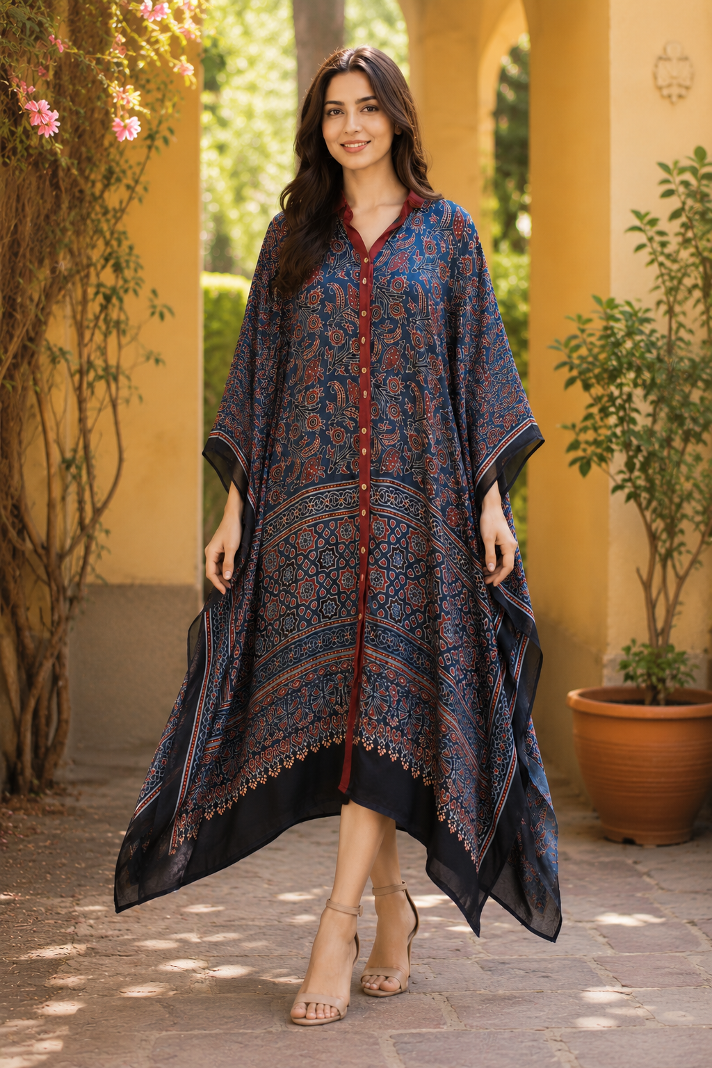Rangrez Indigo Ajrakh Modal Silk Kaftan in Natural Dye