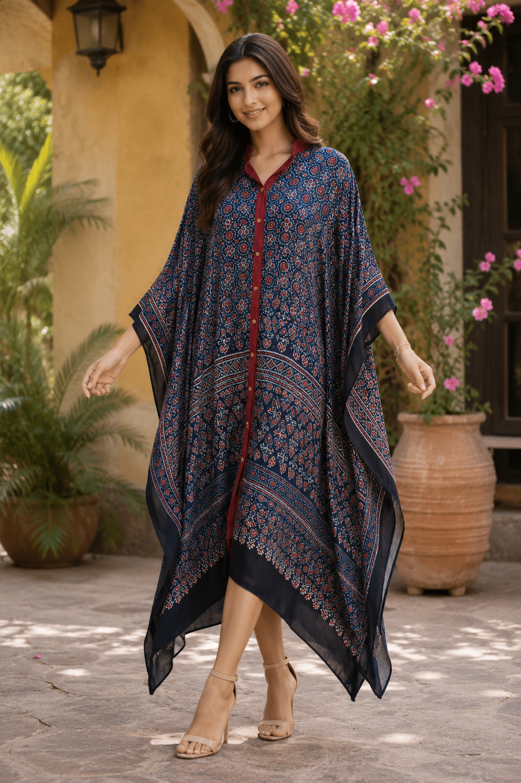 Ajrakh Aangan Modal Silk Kaftan