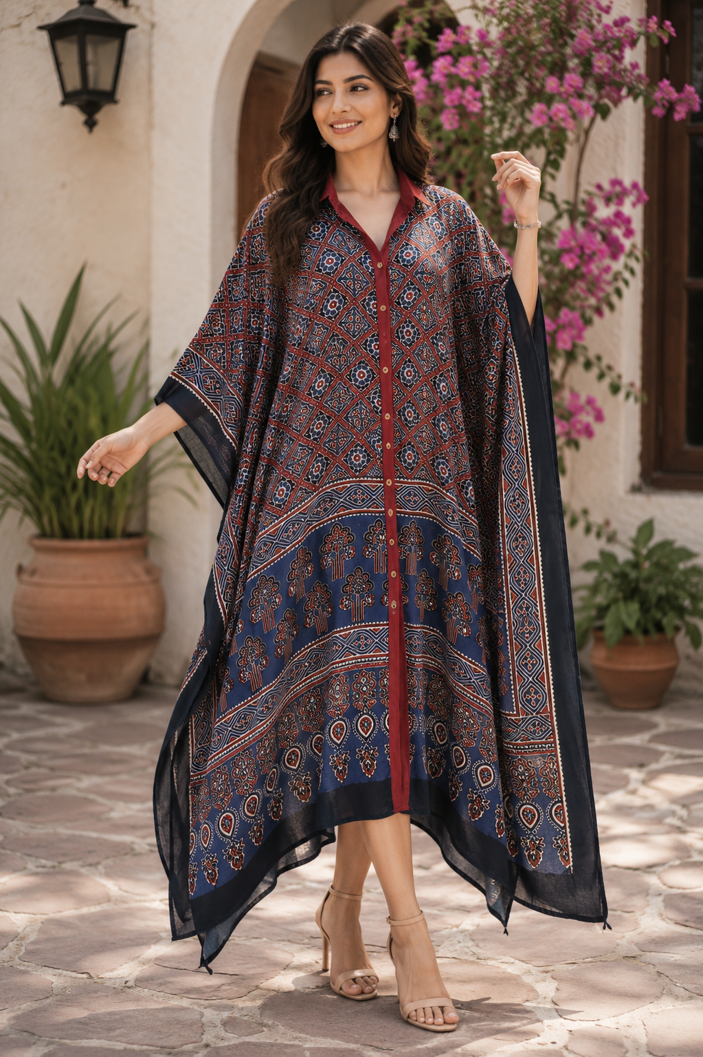Indigo Jaal Ajrakh Modal Silk Kaftan in Natural Dye
