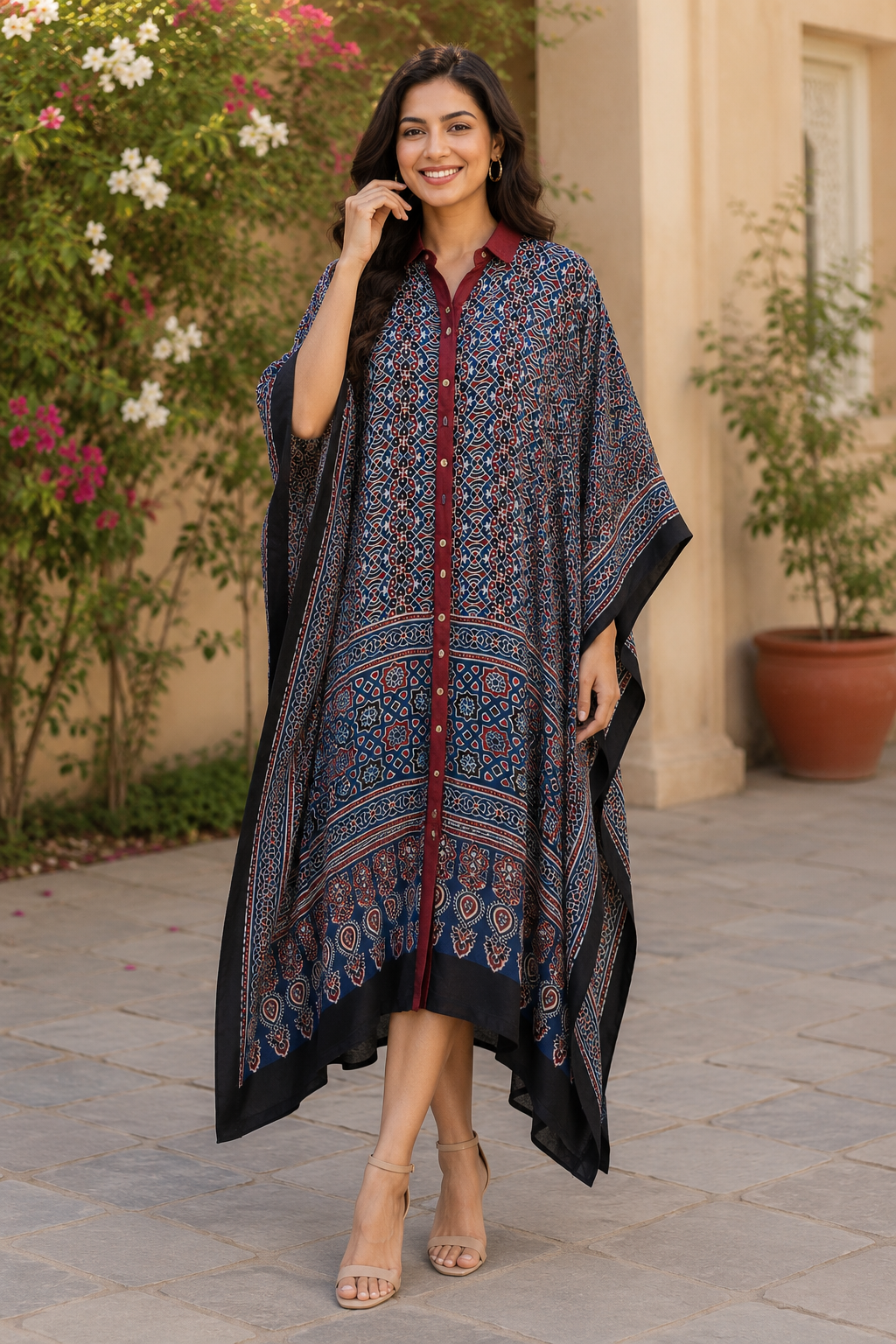 Indigo Rangrez Natural Dye Modal Silk Ajrakh Kaftan