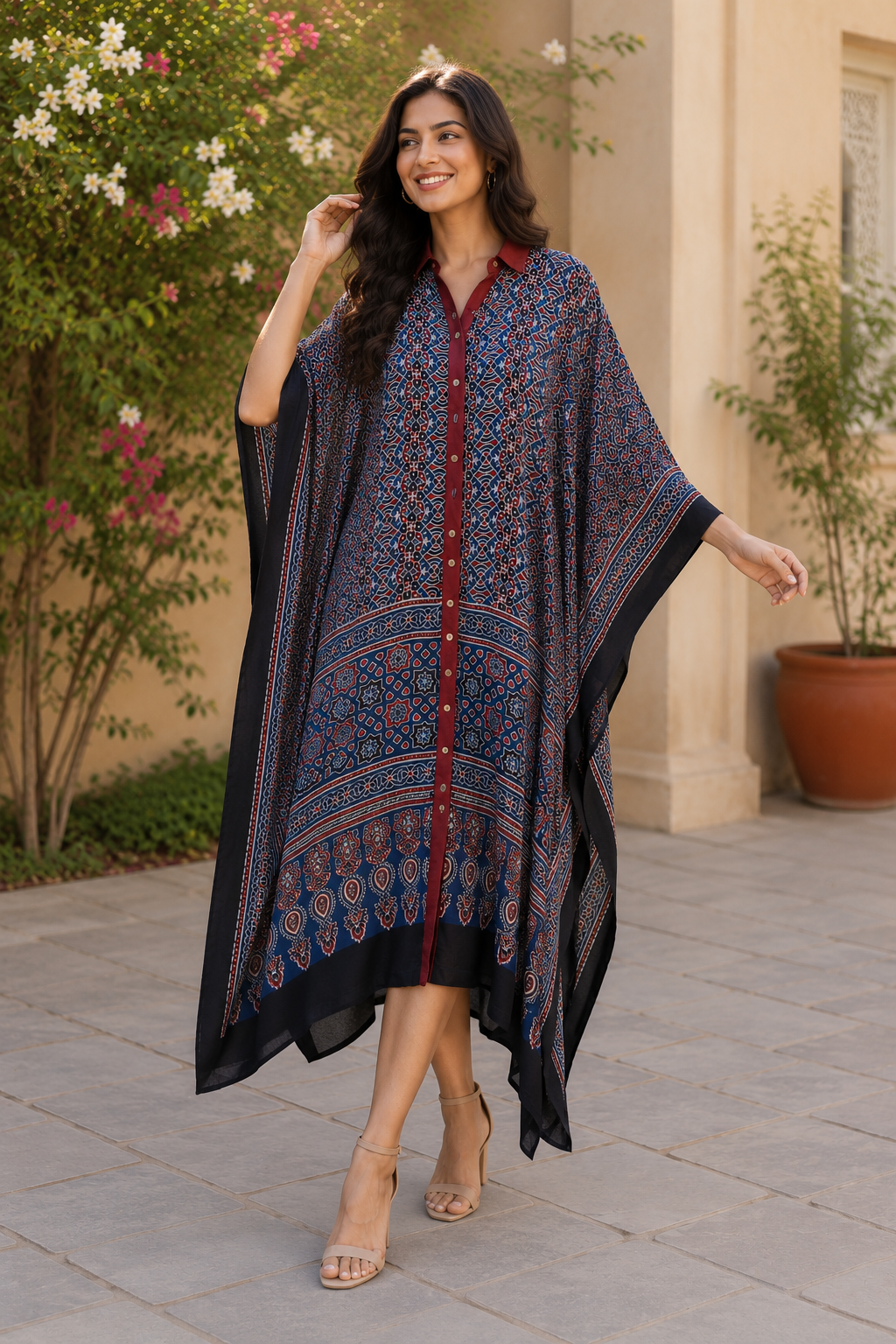 Indigo Rangrez Natural Dye Modal Silk Ajrakh Kaftan