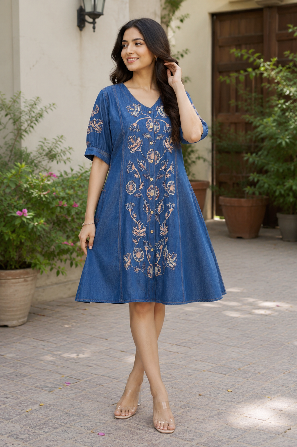 Indigo Embroidered Denim A-Line Dress