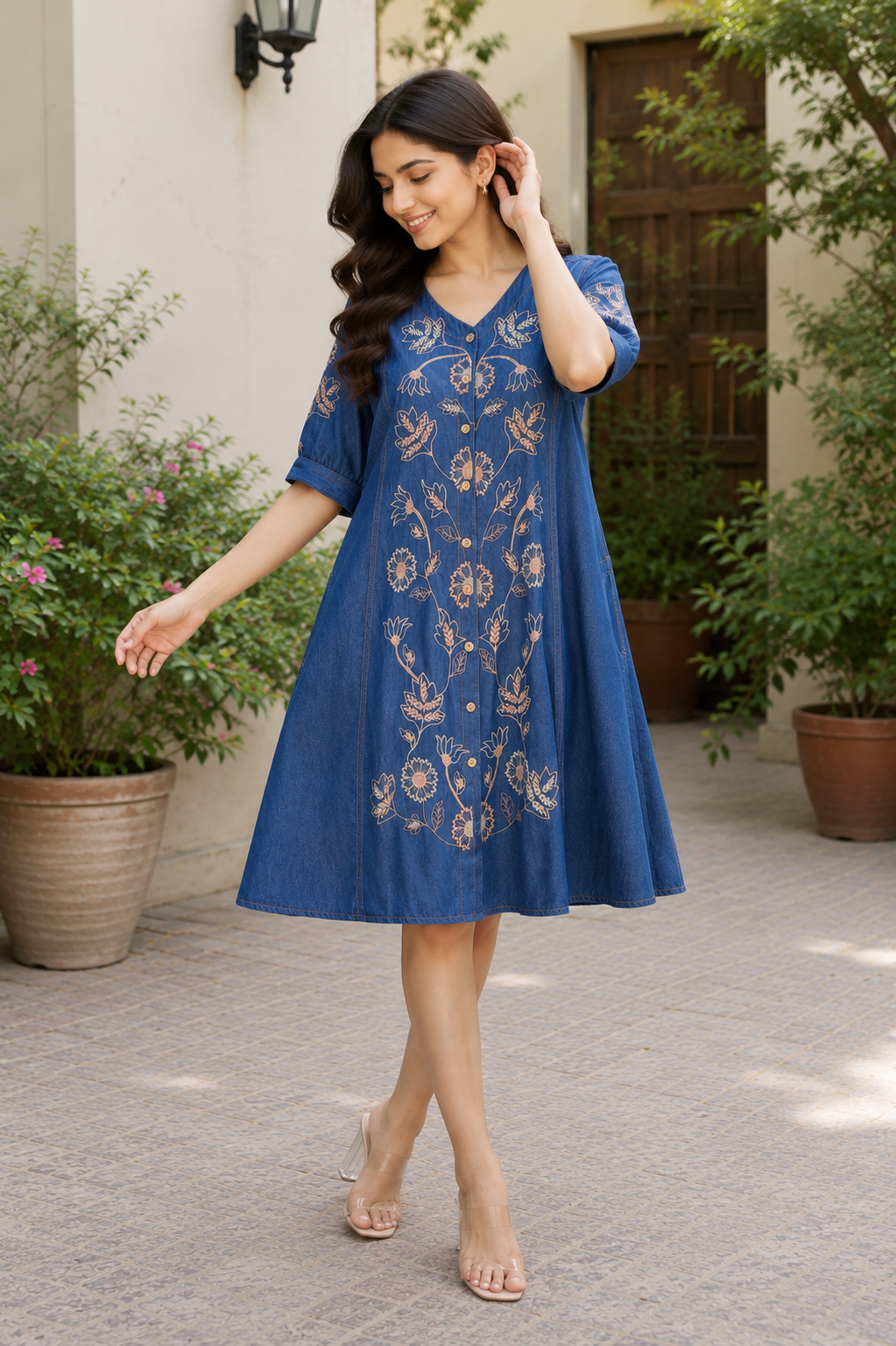 Indigo Embroidered Denim A-Line Dress