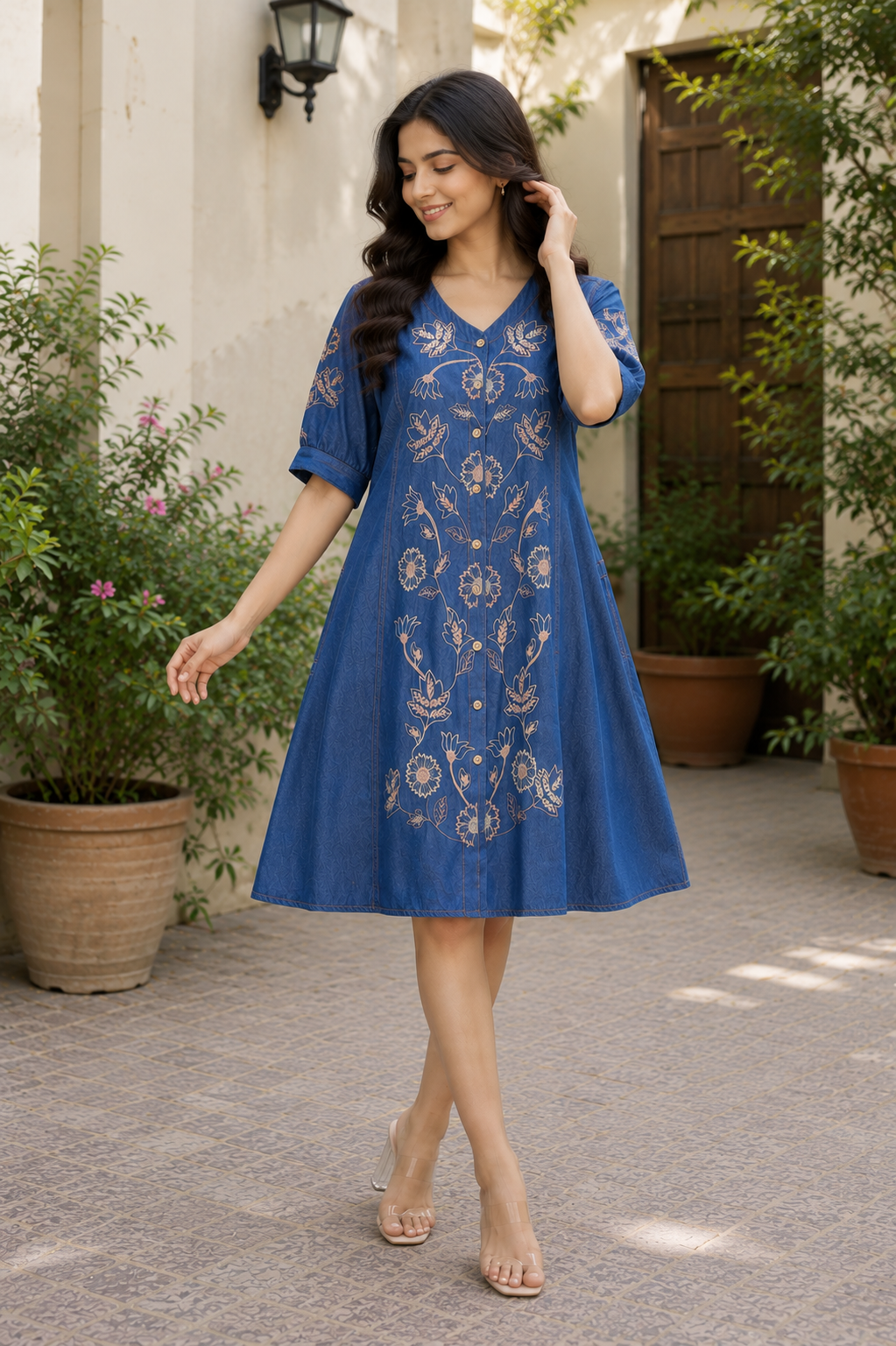 Indigo Embroidered Denim A-Line Dress