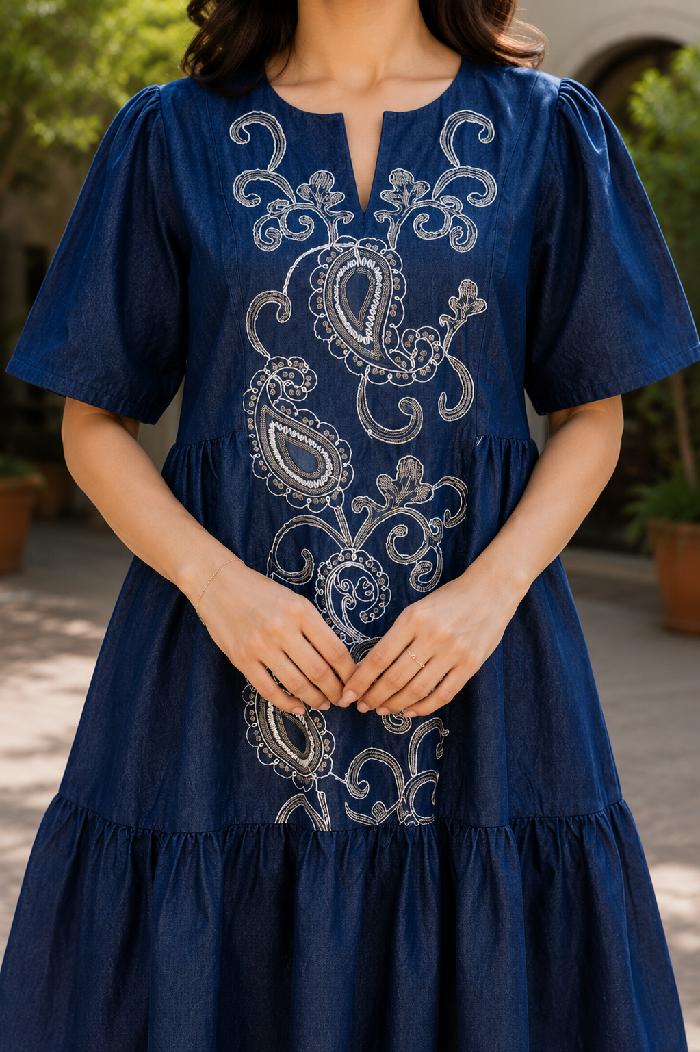 Blue Embroidered Cotton Denim Tiered Dress