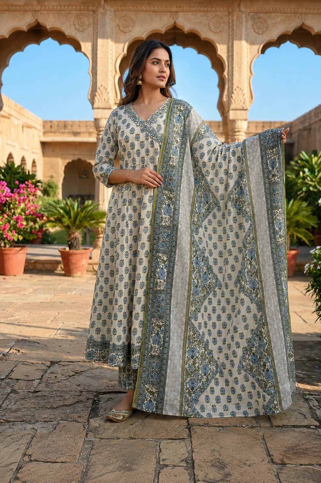 Powder Blue Mughal Print Cotton Angrakha Anarkali Set