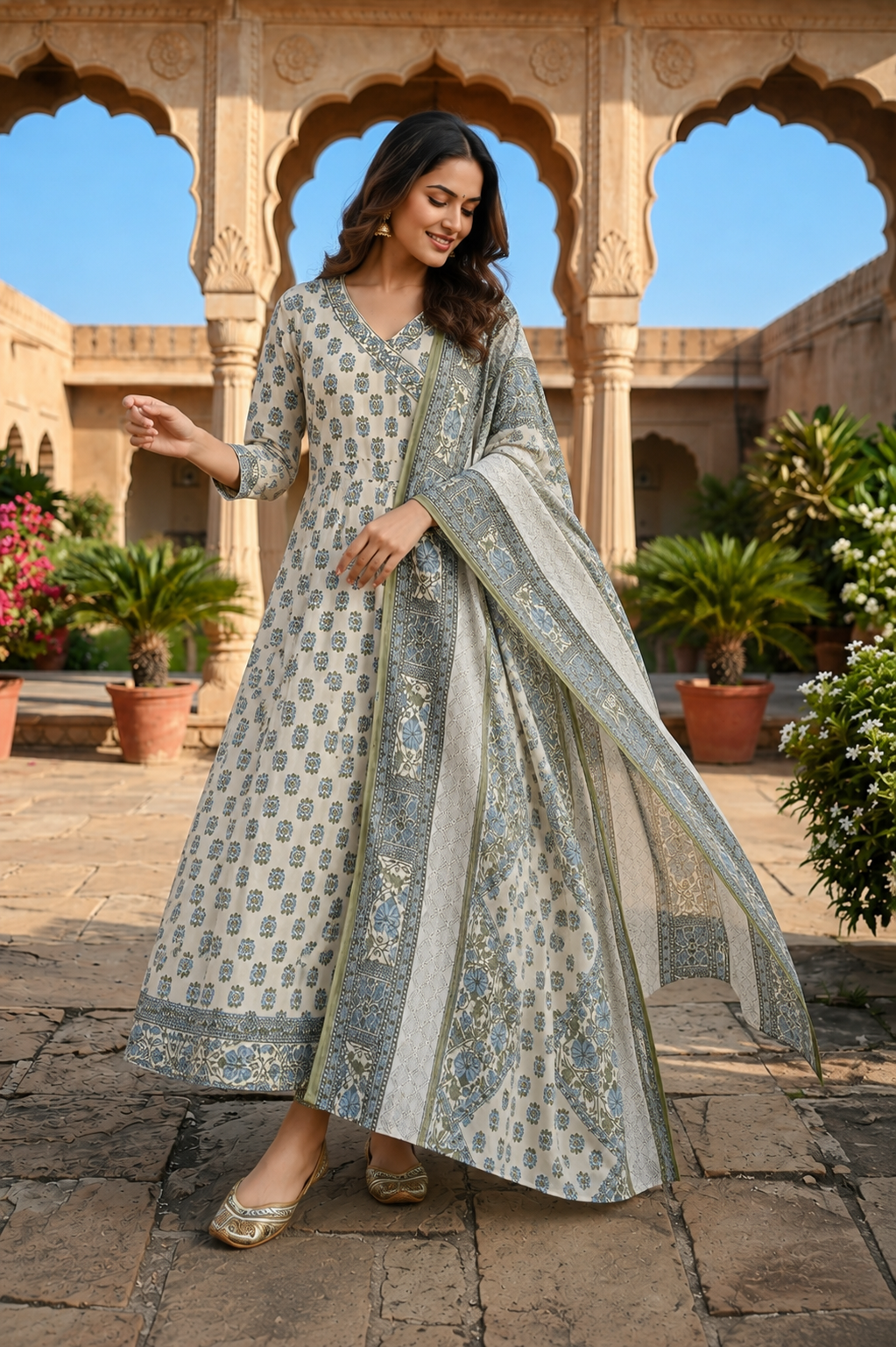 Powder Blue Mughal Print Cotton Angrakha Anarkali Set