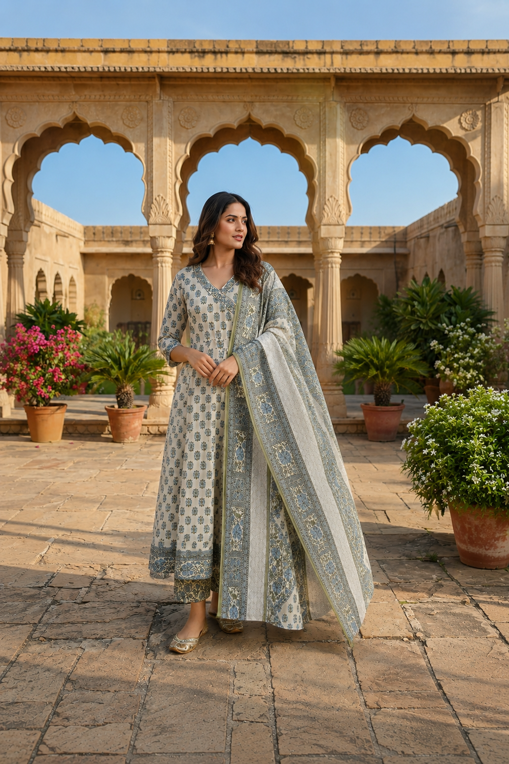 Powder Blue Mughal Print Cotton Angrakha Anarkali Set