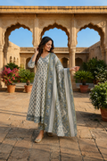 Powder Blue Mughal Print Cotton Angrakha Anarkali Set