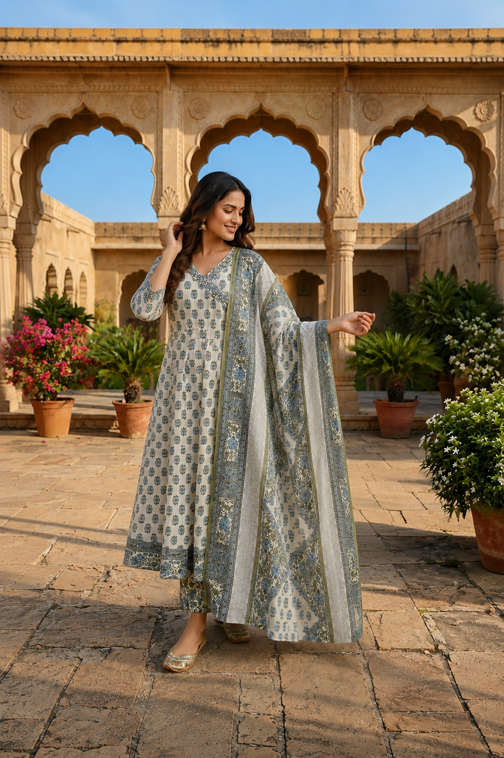 Powder Blue Mughal Print Cotton Angrakha Anarkali Set