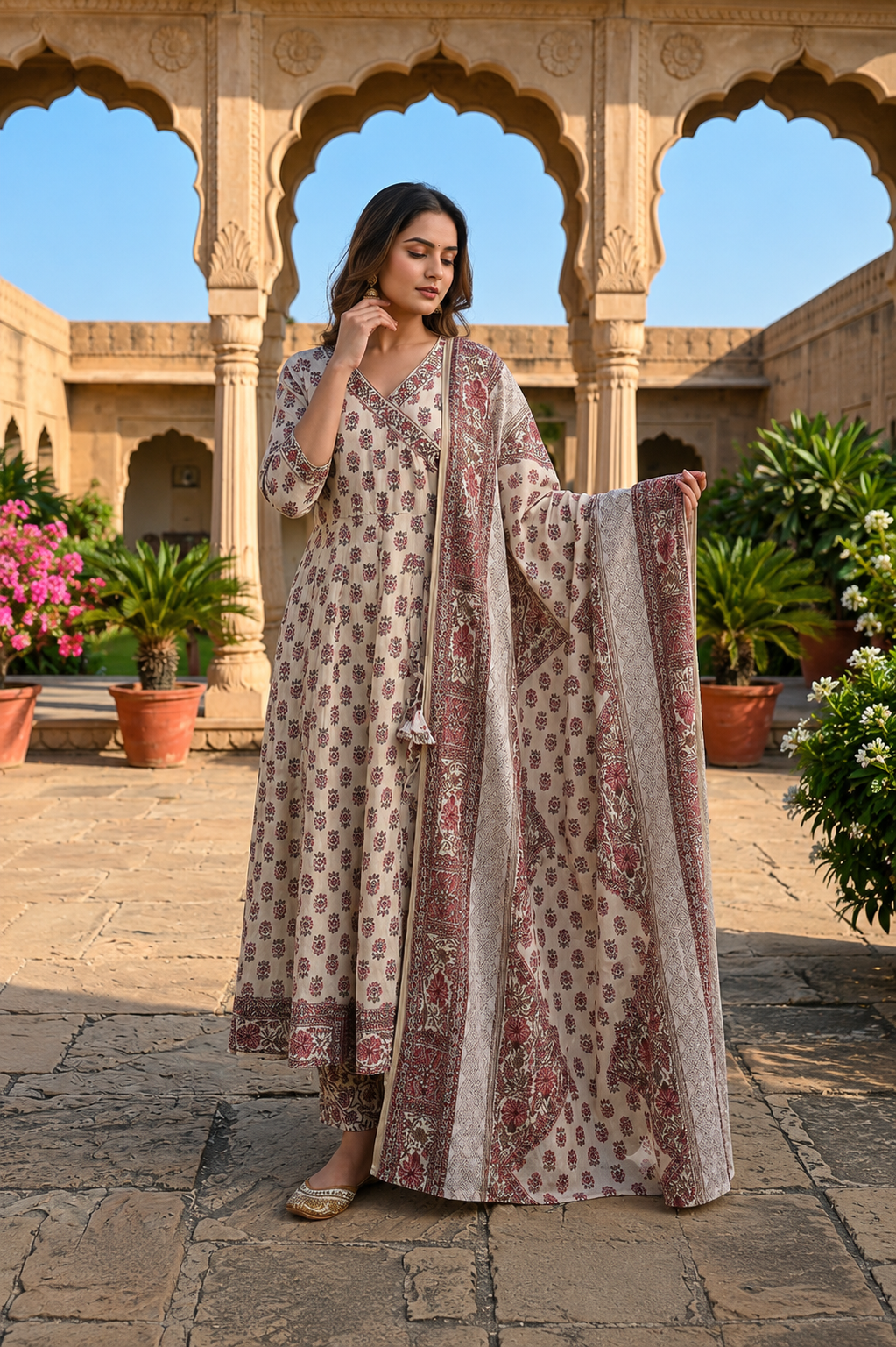 Vintage Rose Handblock Angrakha Cotton Anarkali Set