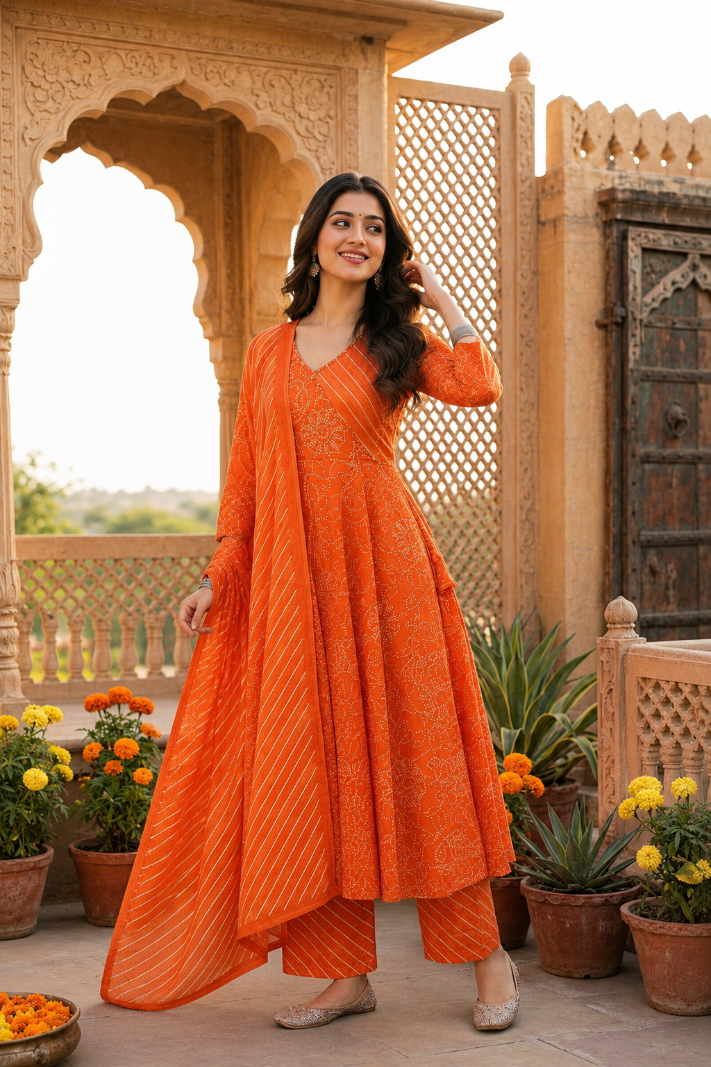 Kesariya Bandhani Angrakha Anarkali Set