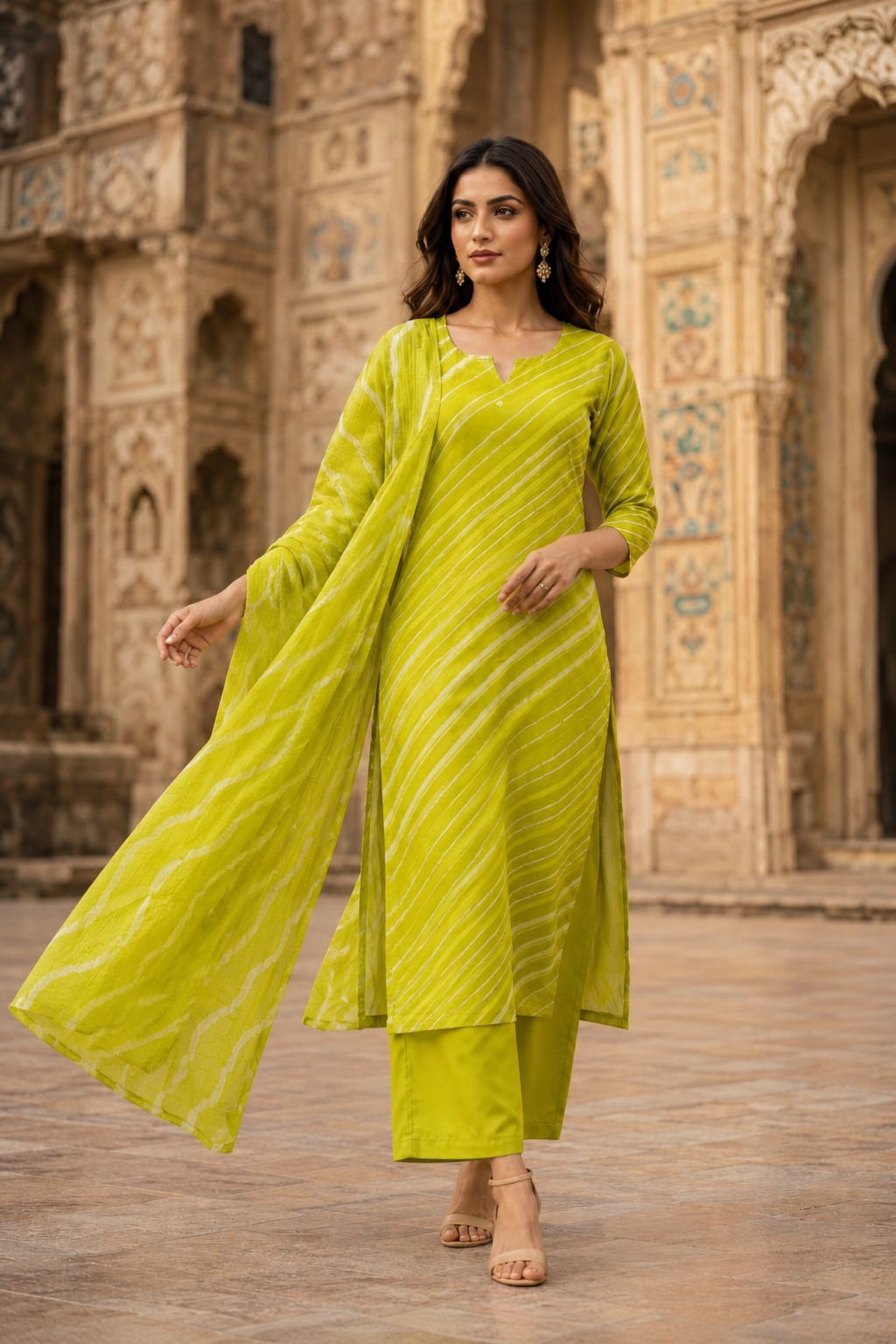 Lime Green Leheriya Cotton Suit Set