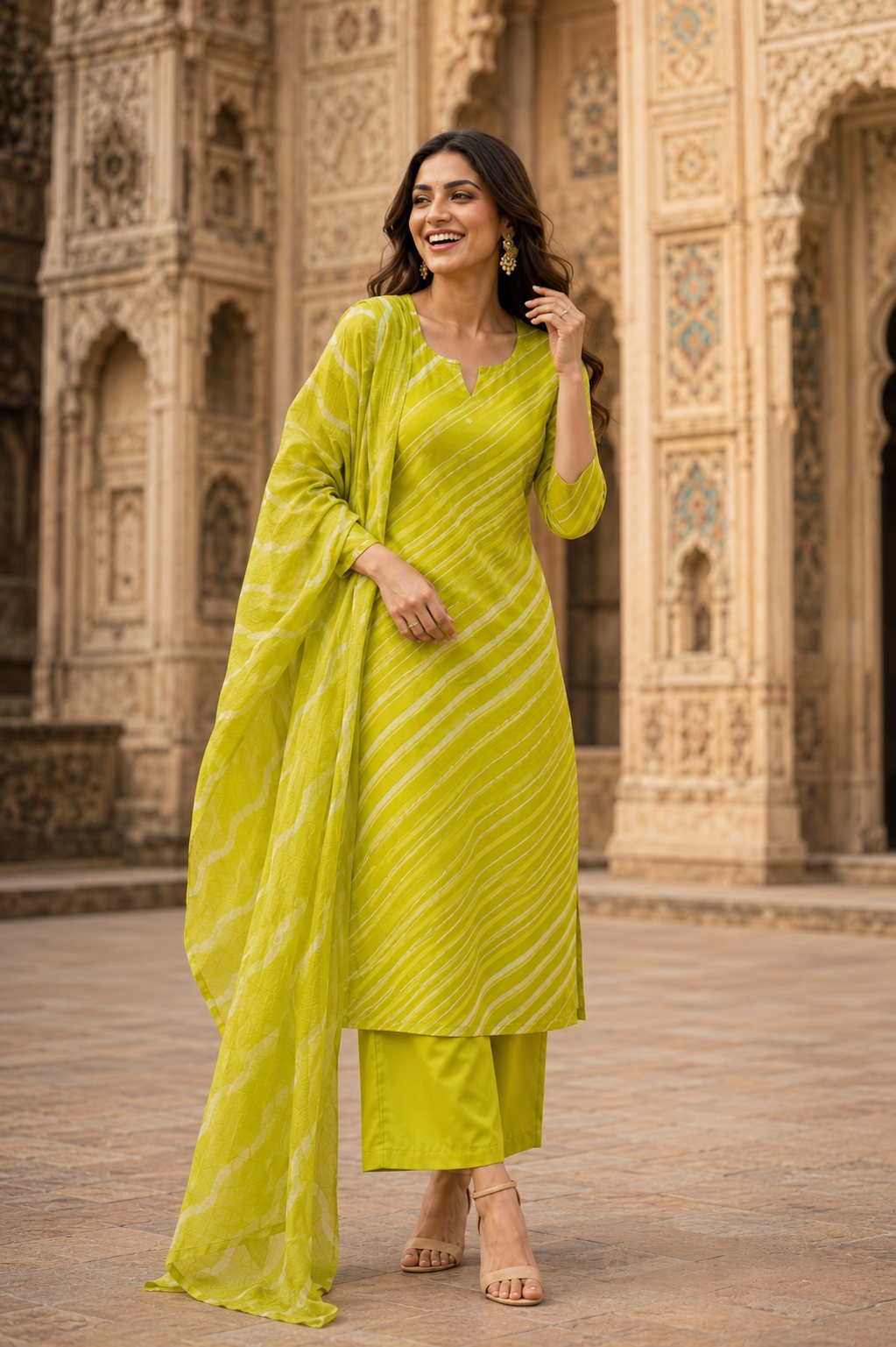 Lime Green Leheriya Cotton Suit Set