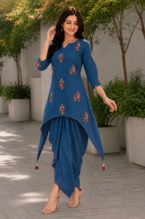 Cobalt Bloom Handloom Dhoti Skirt Set