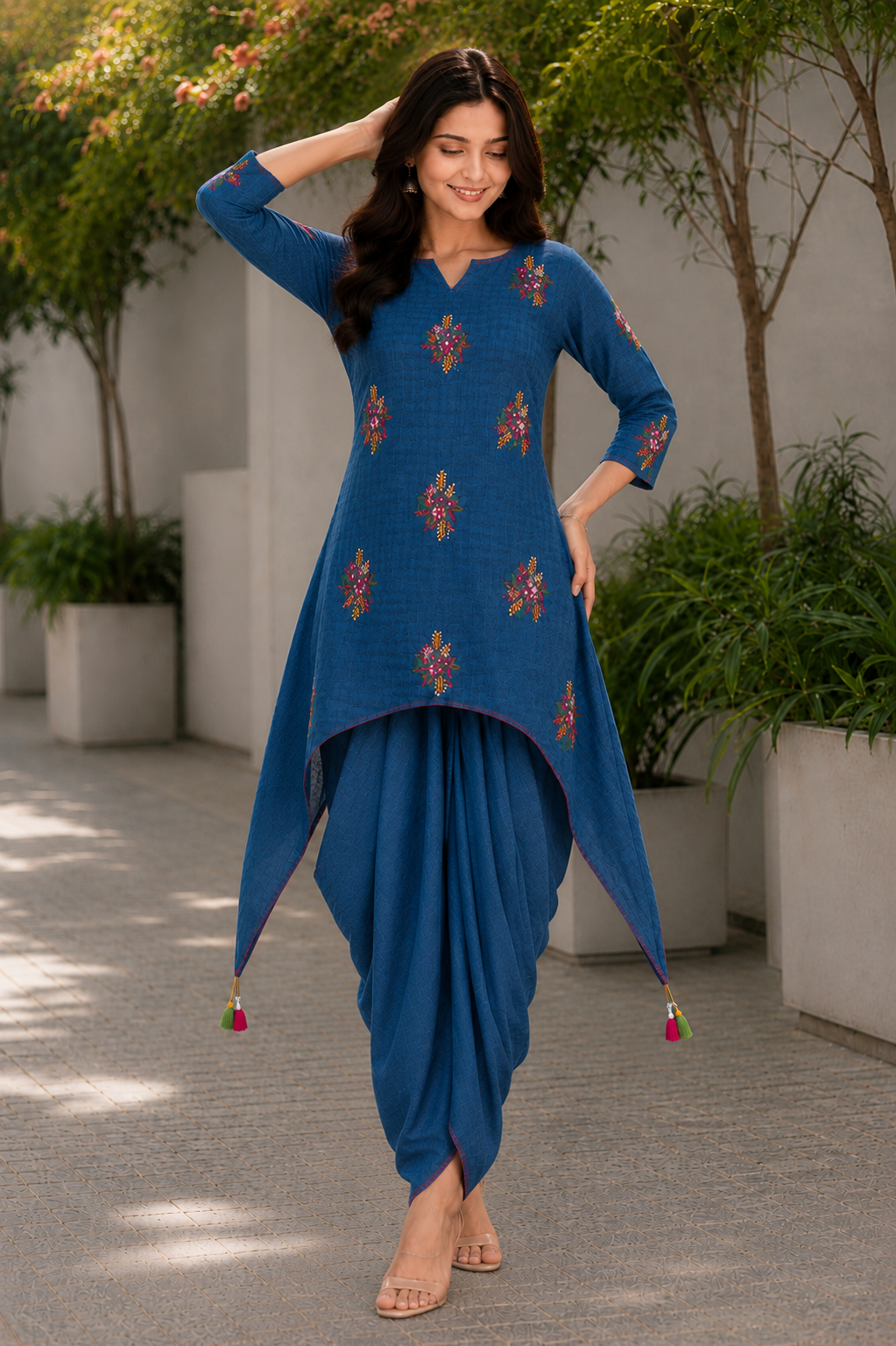 Cobalt Bloom Handloom Dhoti Skirt Set