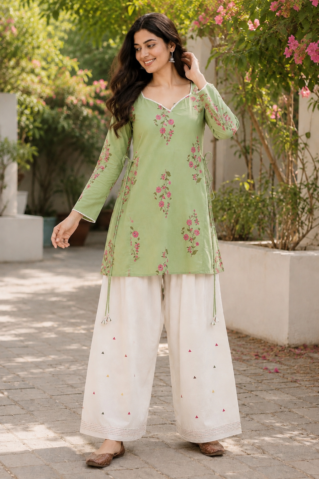 Lime Bloom Side-Tie Kurta & Farshi Salwar Set