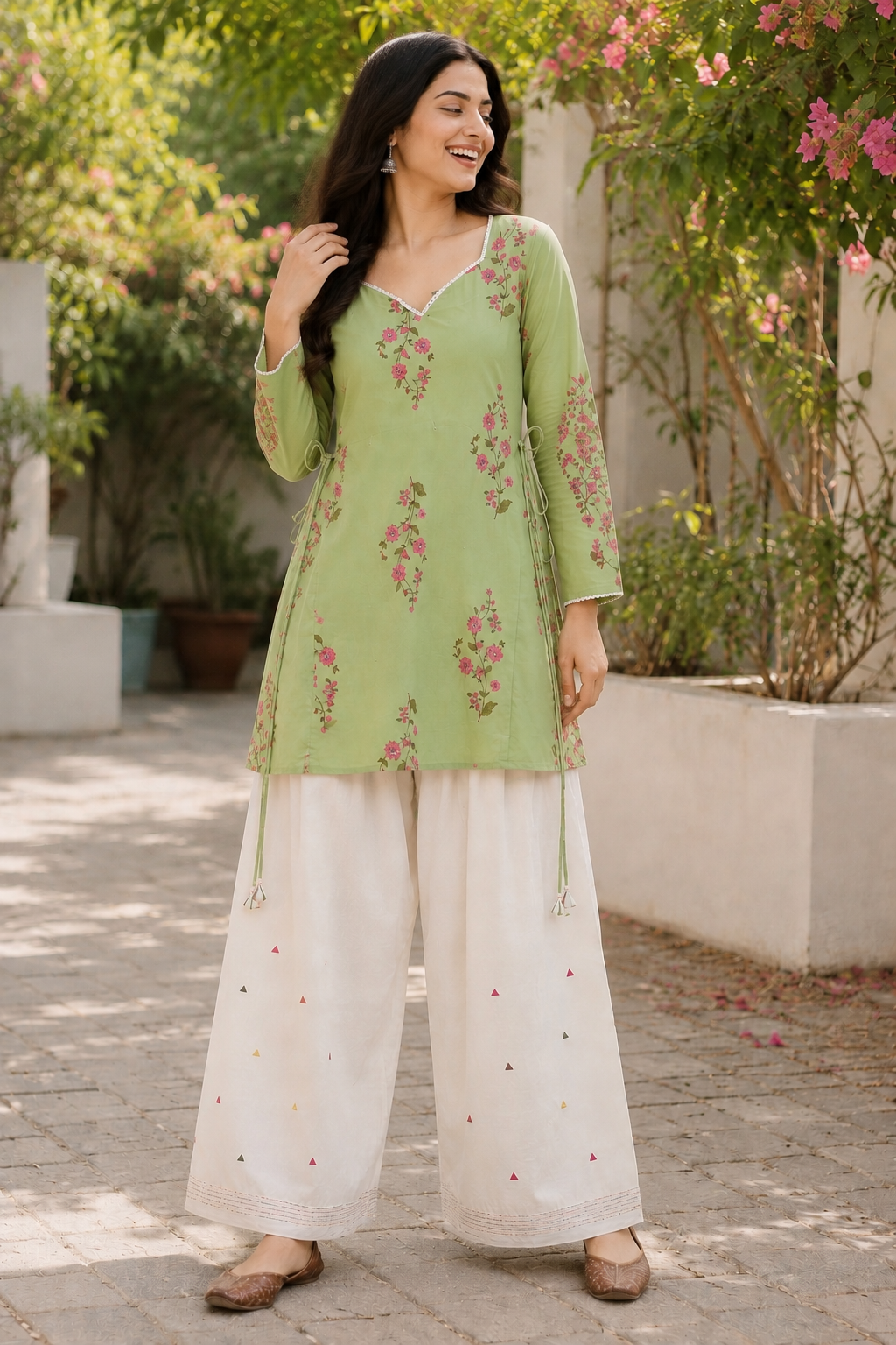 Lime Bloom Side-Tie Kurta & Farshi Salwar Set