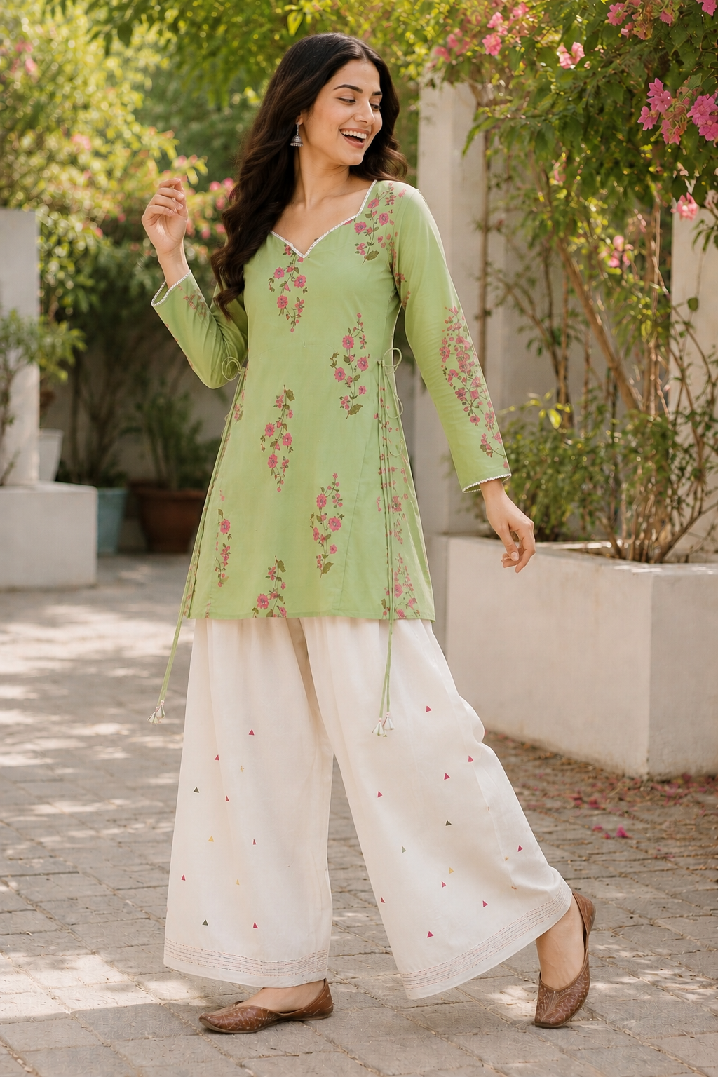 Lime Bloom Side-Tie Kurta & Farshi Salwar Set