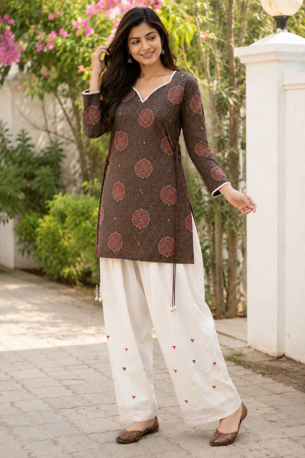 Brown Ajrakh Side-Tie Kurta & Farshi Salwar Set