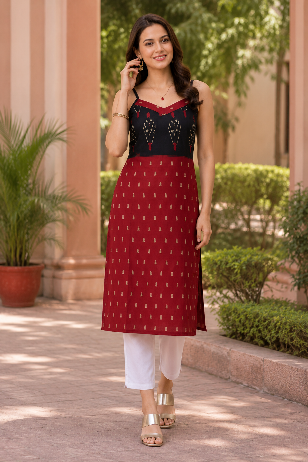 Brick Bloom Ikkat Spaghetti Kurti