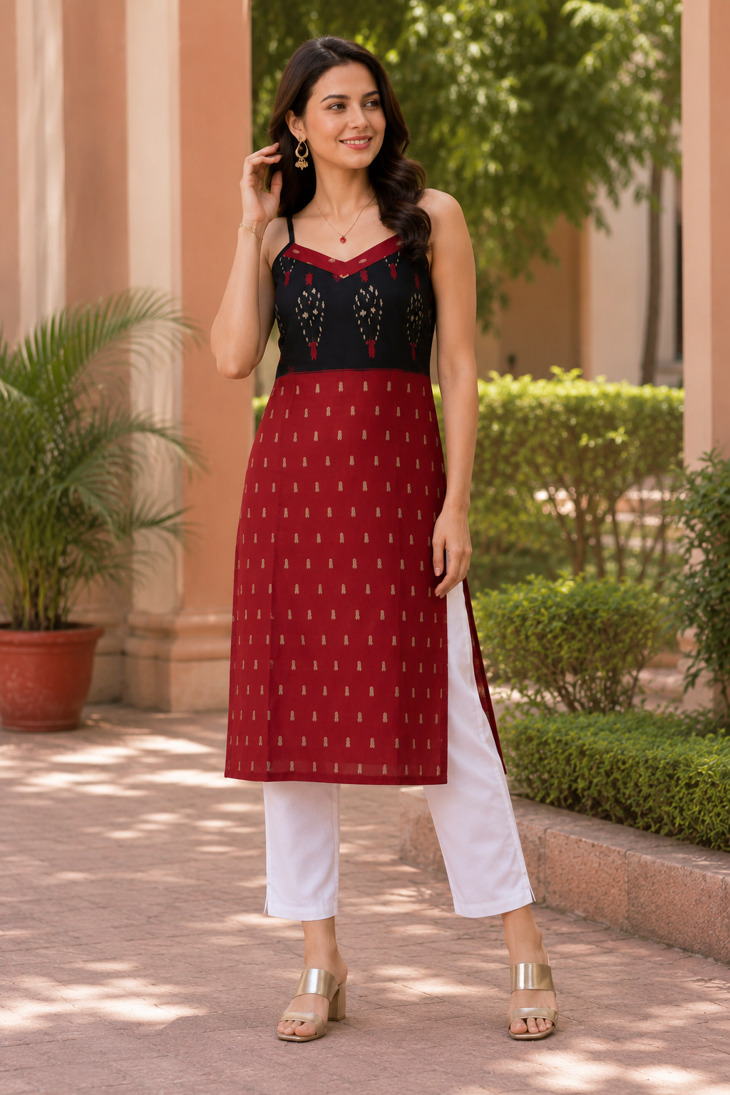 Brick Bloom Ikkat Spaghetti Kurti