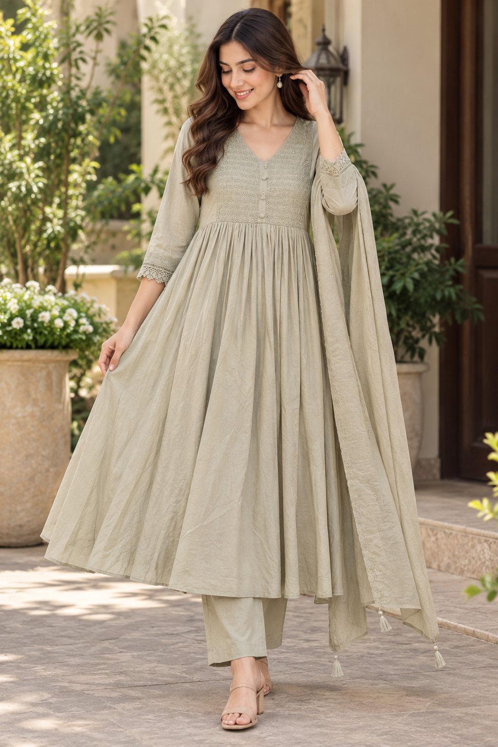 Sage Mul Cotton Anarkali Suit Set