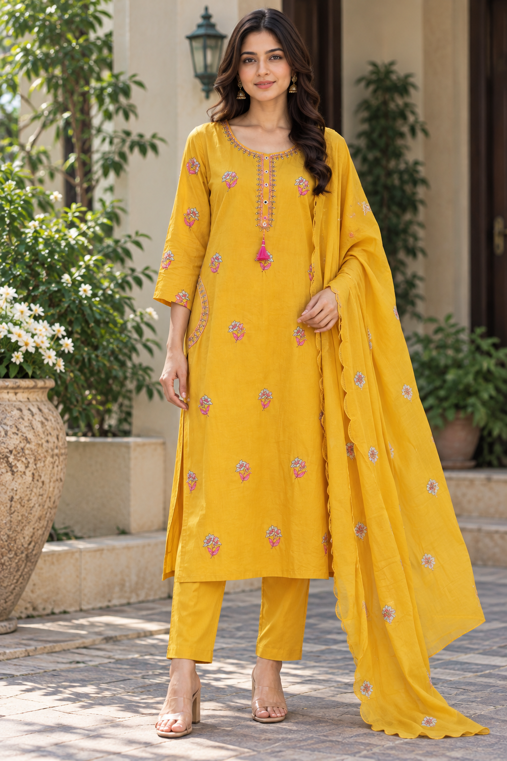 Sunshine Bloom Embroidered Mul Silk Suit Set