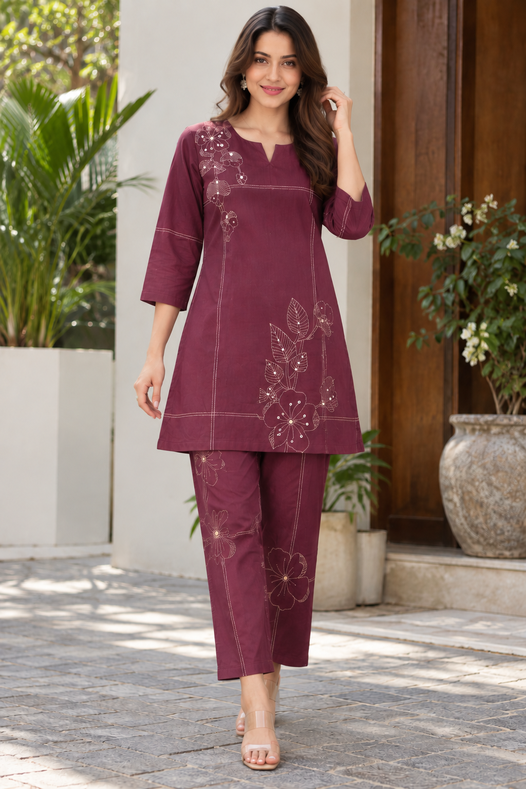 Burgundy Bloom Embroidered Cotton Co-ord Set