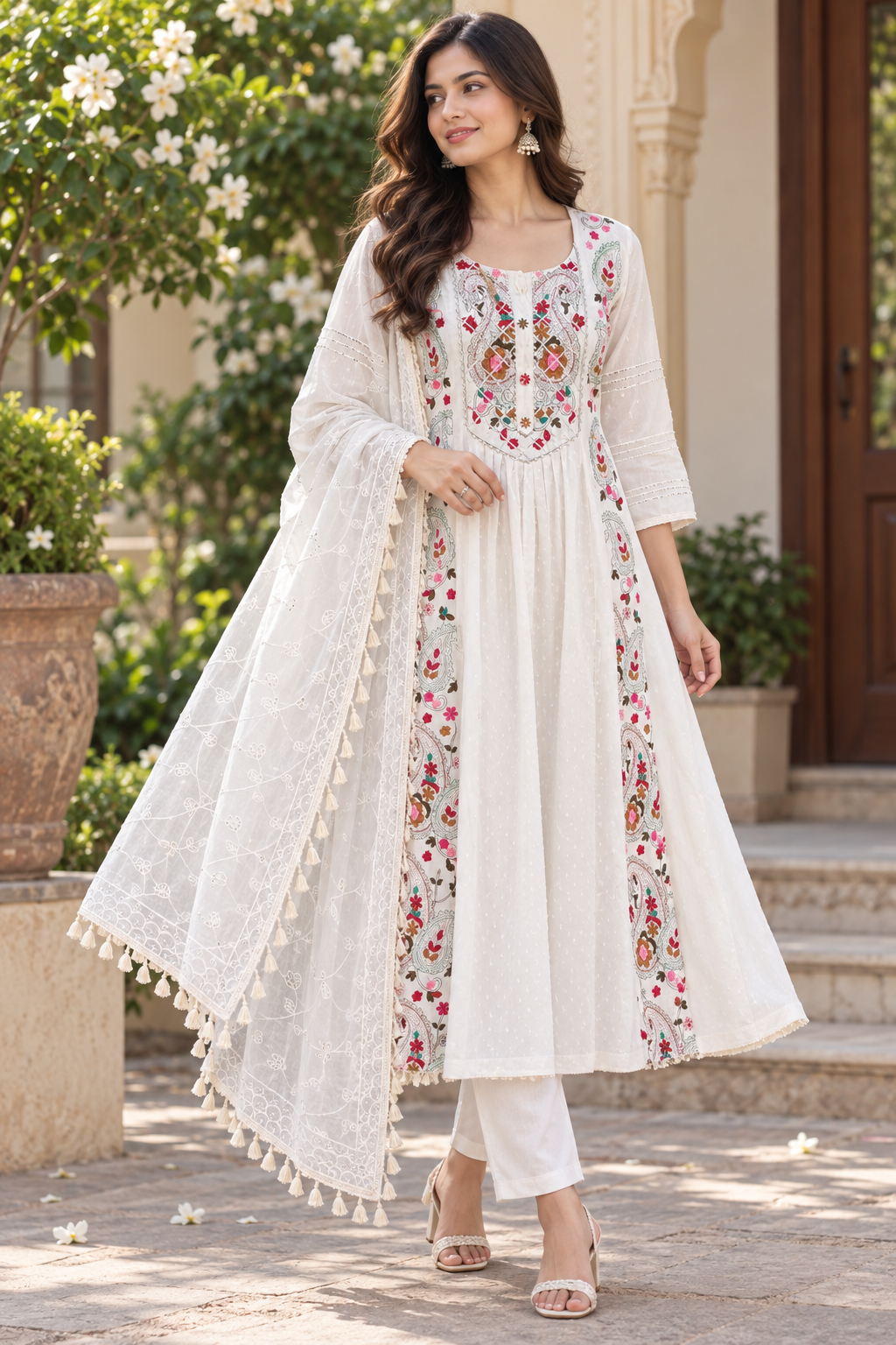 Ivory Elegance Embroidered Cotton Anarkali Suit Set