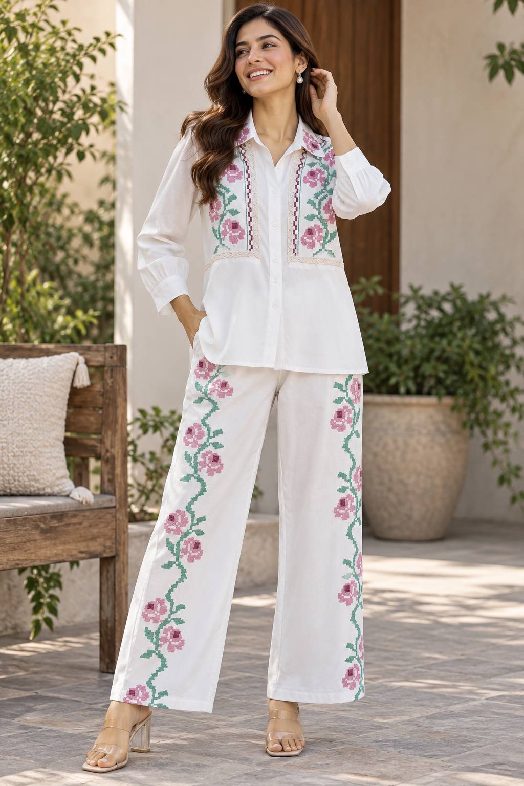 Ivory Bloom Crochet Embroidered Mul Cotton Co-ord Set