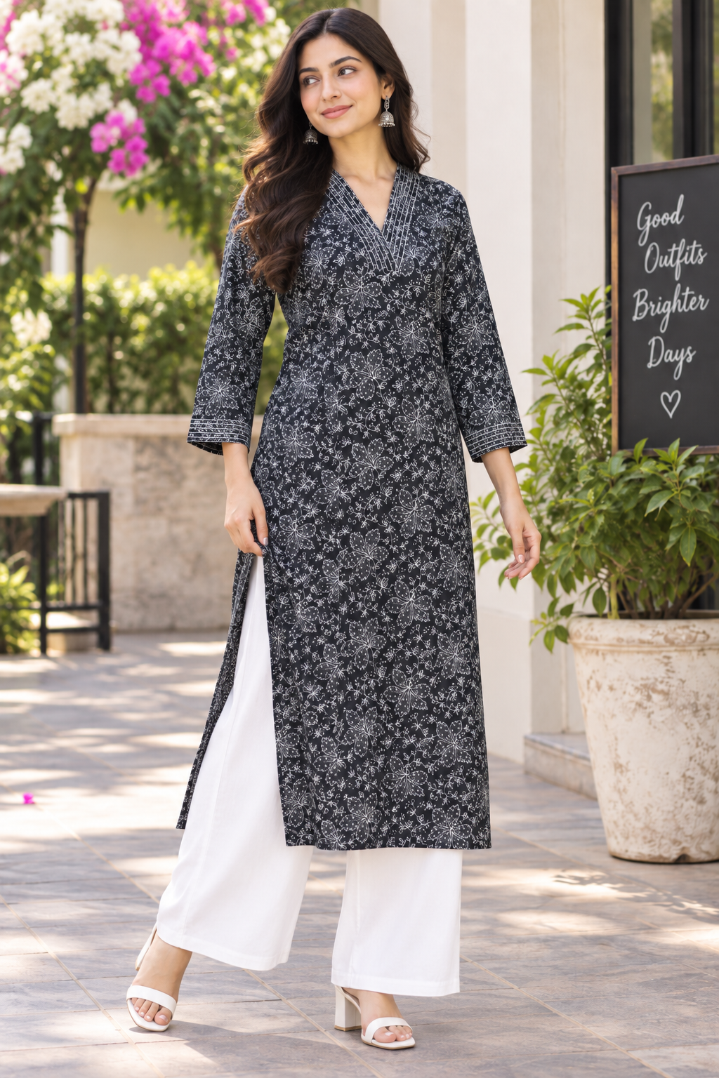 Noir Bloom Cotton V-Neck Kurta