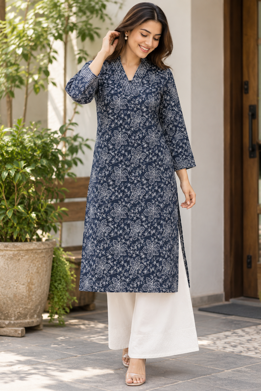 Noir Bloom Cotton V-Neck Kurta