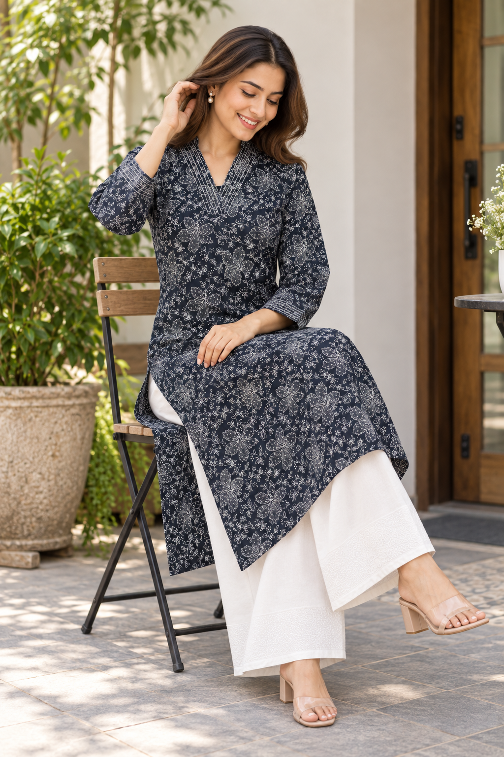Noir Bloom Cotton V-Neck Kurta