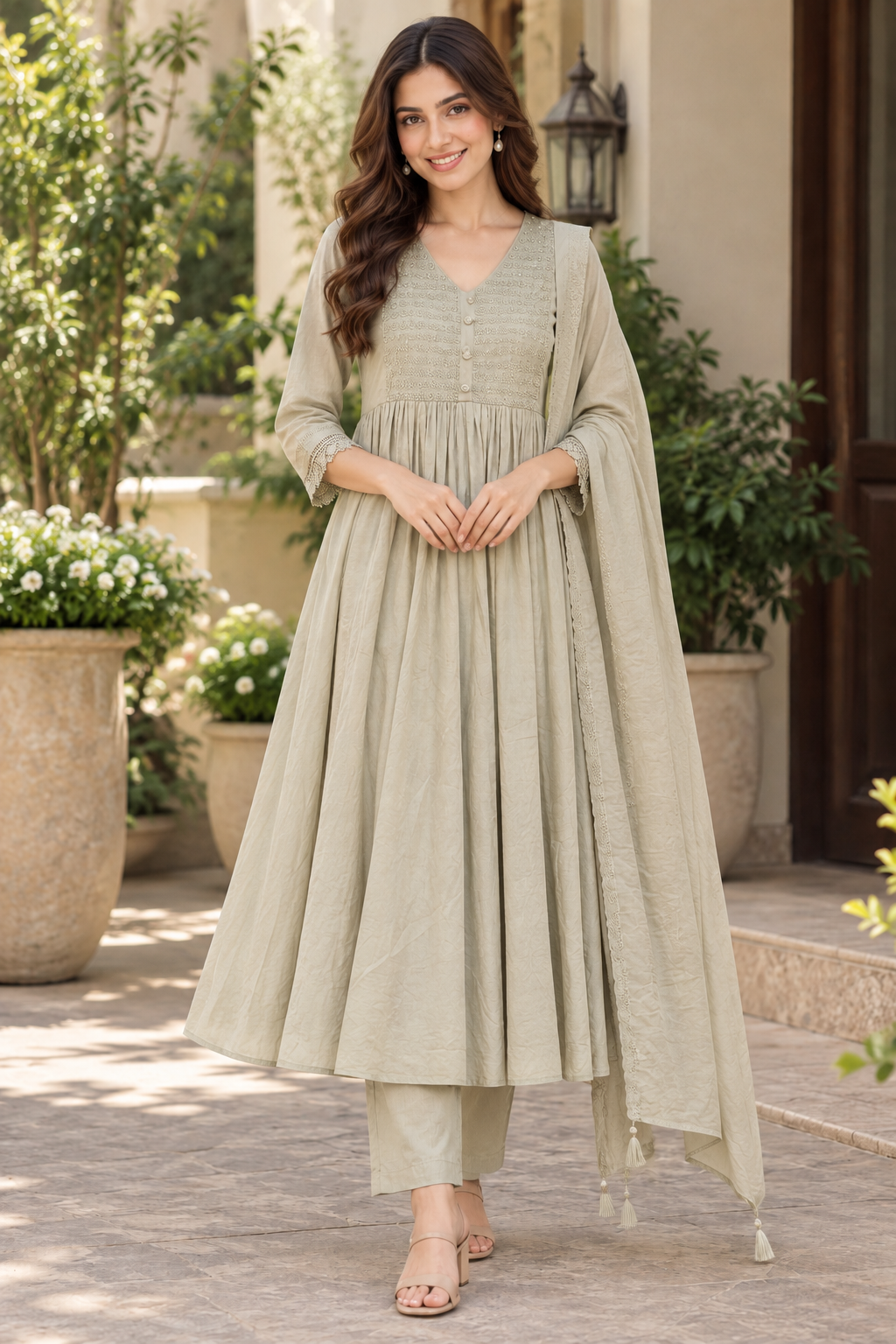 Sage Mul Cotton Anarkali Suit Set